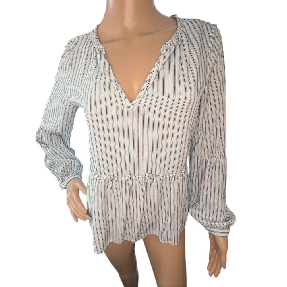 Tart Peplum Blue And White Striped V-Neck Long Sleeve Top